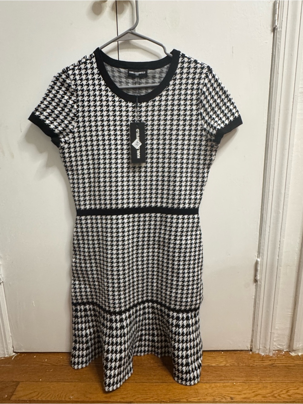 Karl Lagerfeld Black & White Houndstooth Knit Fit-and-Flare Dress